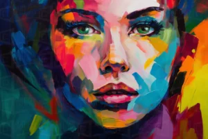 Retrato de una mujer con colores vibrantes y expresivos en el rostro. | CUADROS DE ATREZZO PARA CINE Y PUBLICIDAD