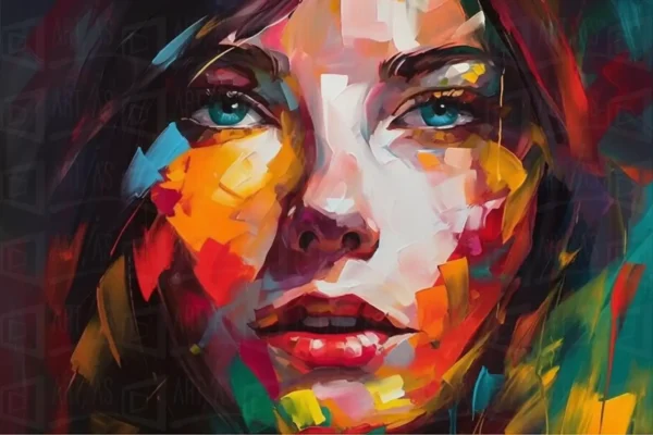 Retrato abstracto de una mujer con colores vibrantes y expresivos. | CUADROS DE ATREZZO PARA CINE Y PUBLICIDAD