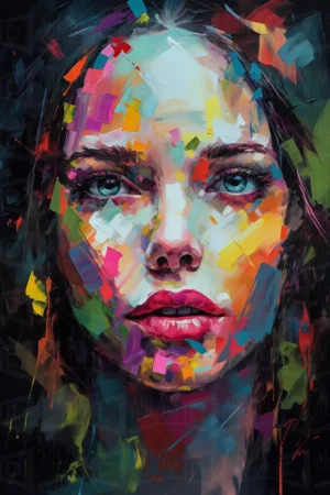 Retrato abstracto de una mujer con colores vibrantes y formas geométricas. | CUADROS DE ATREZZO PARA CINE Y PUBLICIDAD