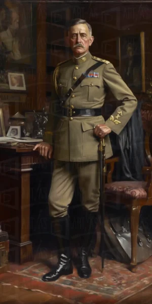 Retrato de un militar en uniforme, posando en un entorno de oficina. | CUADROS DE ATREZZO PARA CINE Y PUBLICIDAD