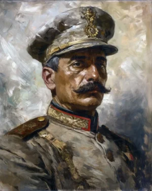 Retrato de un militar con uniforme y gorra, mostrando un bigote prominente. | CUADROS DE ATREZZO PARA CINE Y PUBLICIDAD