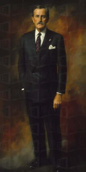 Retrato de un hombre de pie, vestido con un traje oscuro y corbata, con fondo abstracto. | CUADROS DE ATREZZO PARA CINE Y PUBLICIDAD