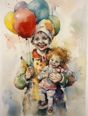 Retrato de un payaso sosteniendo globos y una niña en brazos. | CUADROS DE ATREZZO PARA CINE Y PUBLICIDAD