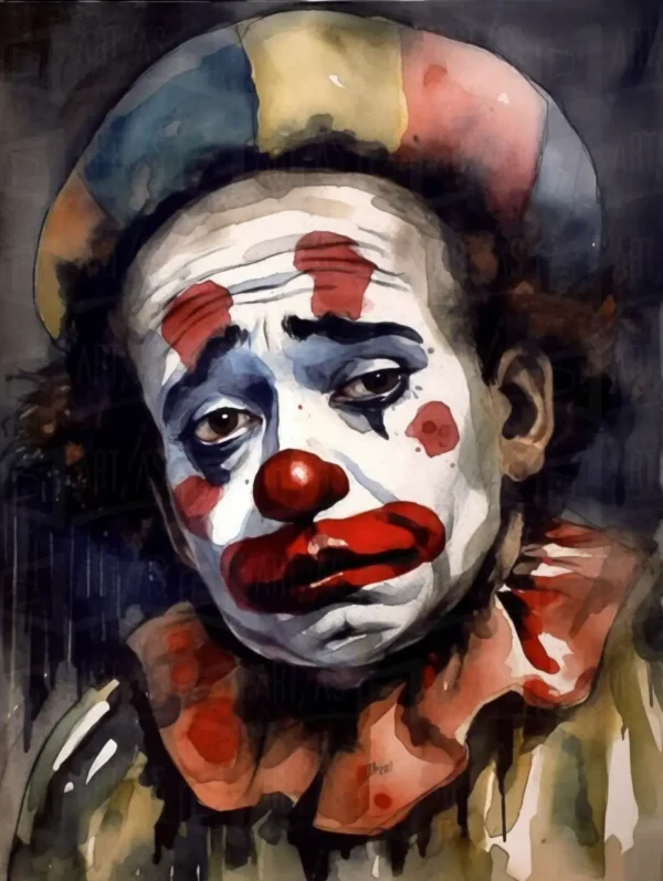 Retrato de un payaso con maquillaje característico y expresión melancólica. | CUADROS DE ATREZZO PARA CINE Y PUBLICIDAD