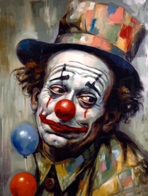 Retrato de un payaso con maquillaje característico y globos de colores. | CUADROS DE ATREZZO PARA CINE Y PUBLICIDAD