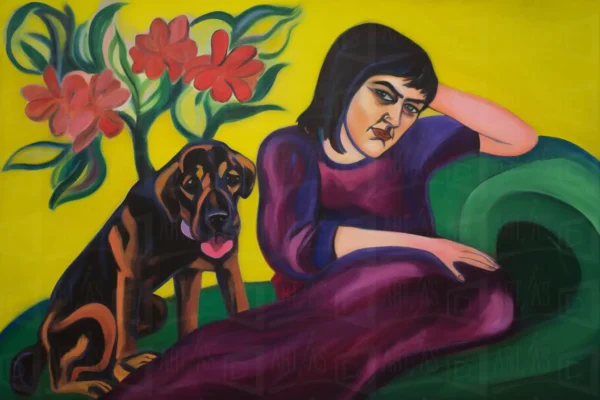 Retrato de una mujer sentada con un perro y flores de fondo. | CUADROS DE ATREZZO PARA CINE Y PUBLICIDAD