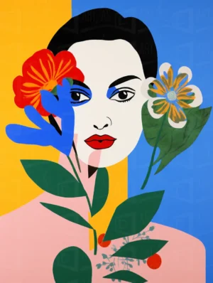 Retrato de una mujer con flores y hojas, fondo colorido. | CUADROS DE ATREZZO PARA CINE Y PUBLICIDAD