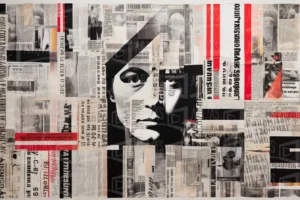 Collage que combina elementos gráficos y tipográficos con un retrato en blanco y negro. | CUADROS DE ATREZZO PARA CINE Y PUBLICIDAD