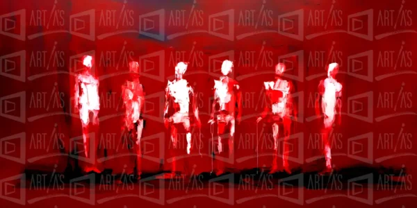 Obra abstracta con figuras humanas en tonos rojos y blancos. | CUADROS DE ATREZZO PARA CINE Y PUBLICIDAD