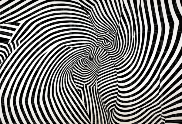 Obra abstracta con patrones de líneas en blanco y negro que crean un efecto visual dinámico. | CUADROS DE ATREZZO PARA CINE Y PUBLICIDAD