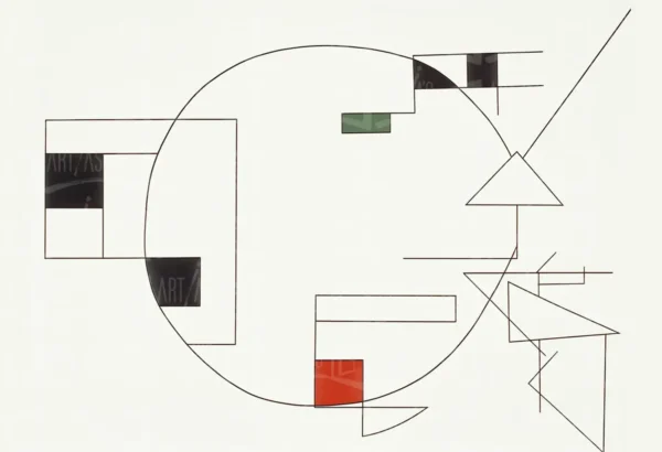 Composición abstracta con formas geométricas y líneas en un fondo claro. | CUADROS DE ATREZZO PARA CINE Y PUBLICIDAD