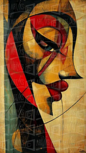 Retrato abstracto de un rostro femenino con colores vibrantes y formas geométricas. | CUADROS DE ATREZZO PARA CINE Y PUBLICIDAD