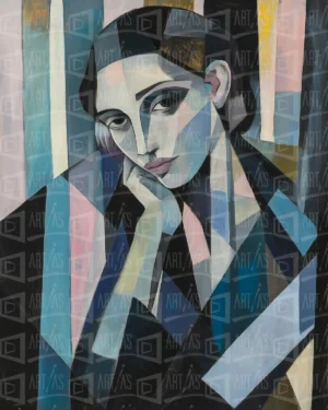 Retrato de una mujer con un estilo geométrico y colores fríos. | CUADROS DE ATREZZO PARA CINE Y PUBLICIDAD