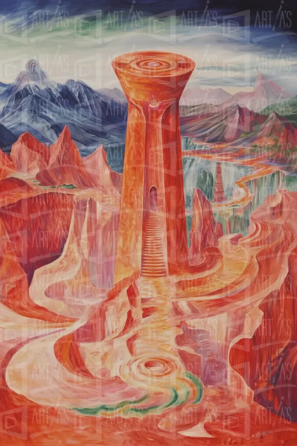 Paisaje surrealista con una torre roja y montañas al fondo. | CUADROS DE ATREZZO PARA CINE Y PUBLICIDAD