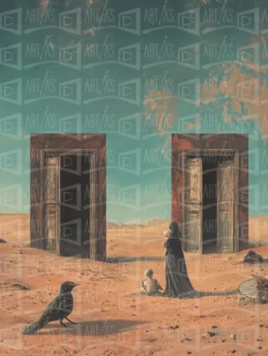 Escena surrealista con dos puertas en un desierto, una figura femenina y un niño. | CUADROS DE ATREZZO PARA CINE Y PUBLICIDAD