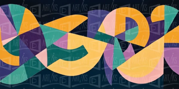 Composición abstracta con formas geométricas en colores variados sobre fondo oscuro. | CUADROS DE ATREZZO PARA CINE Y PUBLICIDAD