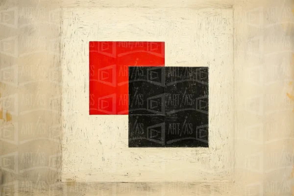 Composición abstracta con un cuadrado rojo y un cuadrado negro sobre fondo claro. | CUADROS DE ATREZZO PARA CINE Y PUBLICIDAD