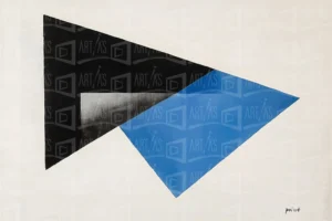 Composición abstracta con formas geométricas en negro, azul y gris sobre fondo blanco. | CUADROS DE ATREZZO PARA CINE Y PUBLICIDAD