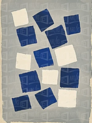 Composición abstracta con cuadrados azules y blancos sobre fondo gris. | CUADROS DE ATREZZO PARA CINE Y PUBLICIDAD