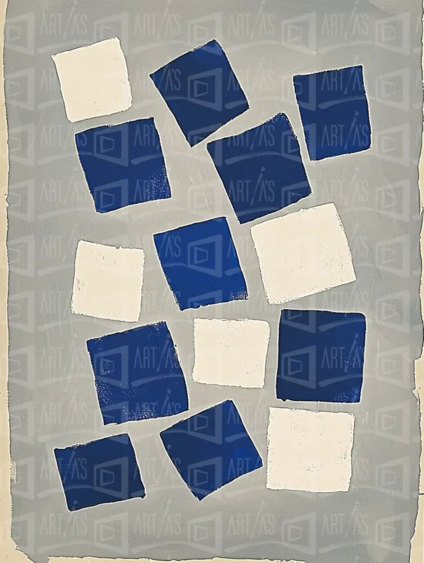 Composición abstracta con cuadrados azules y blancos sobre fondo gris. | CUADROS DE ATREZZO PARA CINE Y PUBLICIDAD