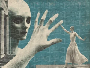 Composición surrealista con figura humana y mano gigante sobre fondo azul. | CUADROS DE ATREZZO PARA CINE Y PUBLICIDAD