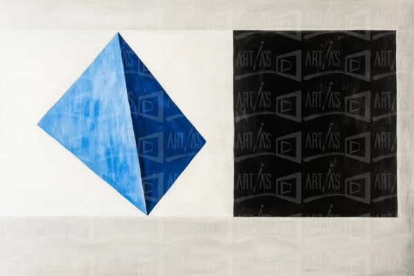 Composición abstracta con un romboide azul y un cuadrado negro sobre fondo blanco. | CUADROS DE ATREZZO PARA CINE Y PUBLICIDAD