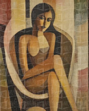 Retrato de una mujer sentada en una silla con un fondo abstracto. | CUADROS DE ATREZZO PARA CINE Y PUBLICIDAD