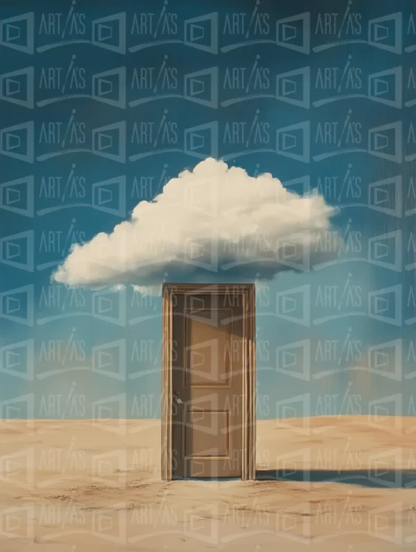 Puerta en un desierto bajo una nube en un cielo azul. | CUADROS DE ATREZZO PARA CINE Y PUBLICIDAD