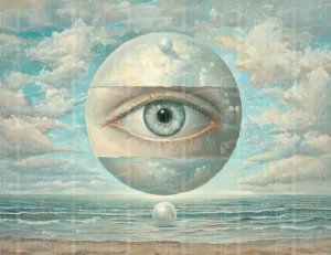 Obra surrealista que presenta un ojo humano dentro de una esfera, con un fondo de mar y nubes. | CUADROS DE ATREZZO PARA CINE Y PUBLICIDAD