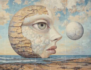 Retrato surrealista de un rostro femenino con un fondo marino y una esfera flotante. | CUADROS DE ATREZZO PARA CINE Y PUBLICIDAD