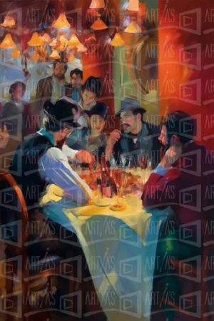 Escena de un grupo de personas conversando en una mesa con bebidas en un ambiente iluminado. | CUADROS DE ATREZZO PARA CINE Y PUBLICIDAD