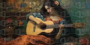 Mujer tocando la guitarra en un ambiente íntimo con flores de fondo. | CUADROS DE ATREZZO PARA CINE Y PUBLICIDAD