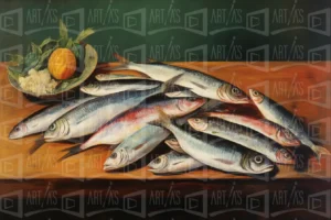 Naturaleza muerta con varios peces y un plato de frutas. | CUADROS DE ATREZZO PARA CINE Y PUBLICIDAD