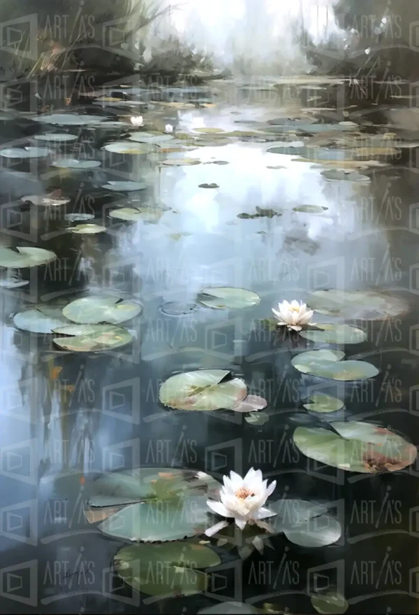 Lago con nenúfares y flores blancas sobre la superficie del agua. | CUADROS DE ATREZZO PARA CINE Y PUBLICIDAD