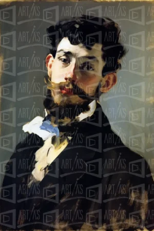 Retrato de un hombre con barba y cabello oscuro, vestido con un abrigo negro y una camisa blanca. | CUADROS DE ATREZZO PARA CINE Y PUBLICIDAD