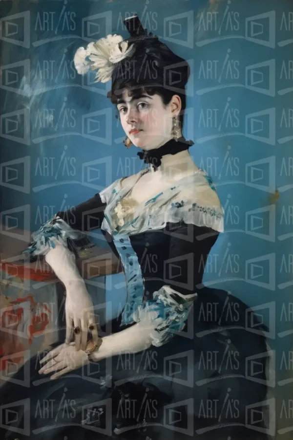 Retrato de una mujer con vestido negro y detalles en azul, posando con un fondo azul claro. | CUADROS DE ATREZZO PARA CINE Y PUBLICIDAD