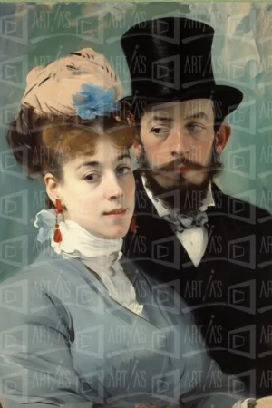 Retrato de una pareja con vestimenta de época, destacando un sombrero de copa y un tocado elegante. | CUADROS DE ATREZZO PARA CINE Y PUBLICIDAD