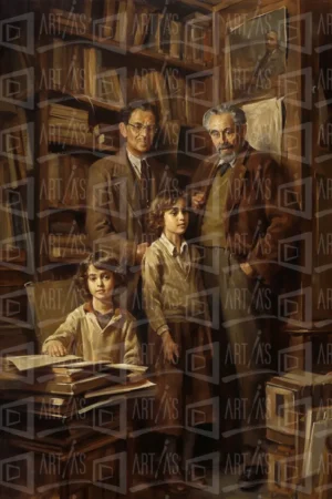 Retrato de una familia en una biblioteca, con cuatro personas posando entre libros. | CUADROS DE ATREZZO PARA CINE Y PUBLICIDAD