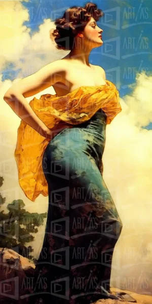 Retrato de una mujer con vestido azul y una tela amarilla, de perfil, con fondo de cielo azul. | CUADROS DE ATREZZO PARA CINE Y PUBLICIDAD