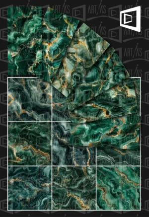 Conjunto de texturas de piedra onix verde con diferentes tonalidades de verde con vetas doradas y patrones fluidos. | CUADROS DE ATREZZO PARA CINE Y PUBLICIDAD