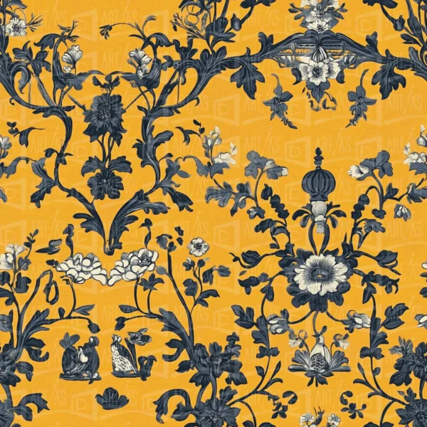 Diseño de patrón floral en tonos oscuros sobre fondo amarillo. | CUADROS DE ATREZZO PARA CINE Y PUBLICIDAD