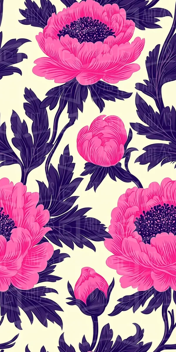 Diseño floral con grandes flores en tonos rosa y morado sobre fondo claro. | CUADROS DE ATREZZO PARA CINE Y PUBLICIDAD