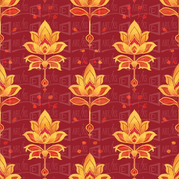 Patrón decorativo con flores de loto en tonos dorados sobre fondo rojo. | CUADROS DE ATREZZO PARA CINE Y PUBLICIDAD