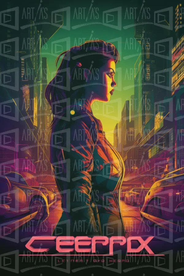 Retrato de una mujer en un entorno urbano futurista con luces brillantes. | CUADROS DE ATREZZO PARA CINE Y PUBLICIDAD