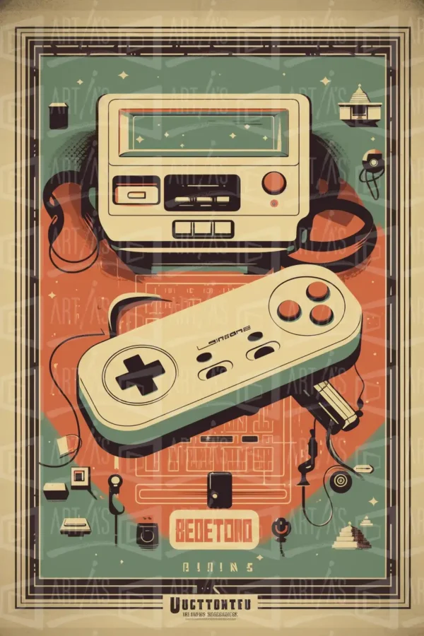 Ilustración de una consola de videojuegos retro con un control y elementos gráficos relacionados. | CUADROS DE ATREZZO PARA CINE Y PUBLICIDAD