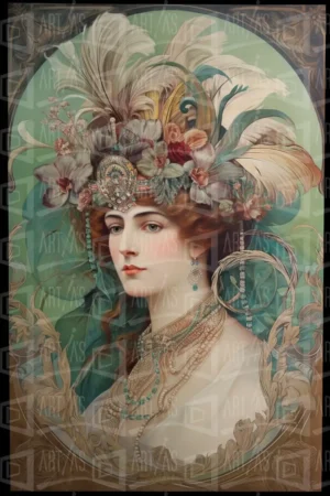 Retrato de una mujer con un elaborado tocado floral y joyería. | CUADROS DE ATREZZO PARA CINE Y PUBLICIDAD