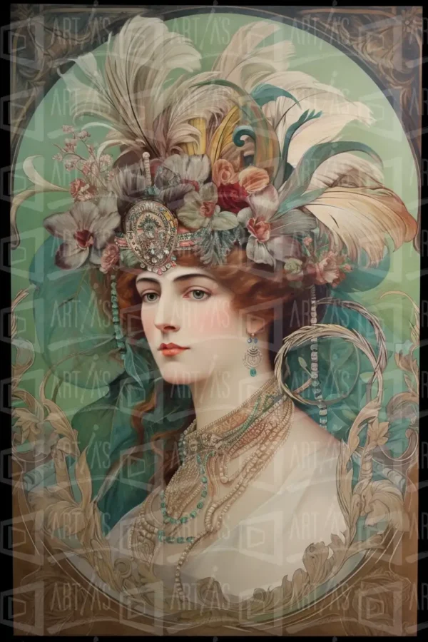 Retrato de una mujer con un elaborado tocado floral y joyería. | CUADROS DE ATREZZO PARA CINE Y PUBLICIDAD