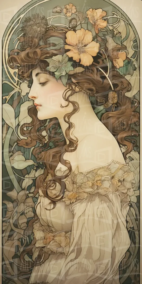 Retrato de una mujer con cabello rizado y flores en la cabeza. | CUADROS DE ATREZZO PARA CINE Y PUBLICIDAD