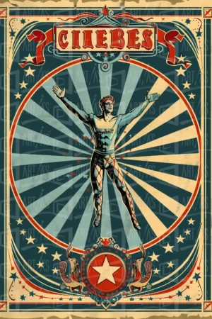 Cartel vintage de un artista de circo con fondo radial y elementos decorativos. | CUADROS DE ATREZZO PARA CINE Y PUBLICIDAD