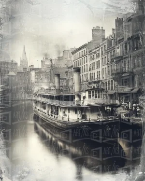 Fotografía de un barco de vapor en un puerto urbano con edificios históricos al fondo. | CUADROS DE ATREZZO PARA CINE Y PUBLICIDAD